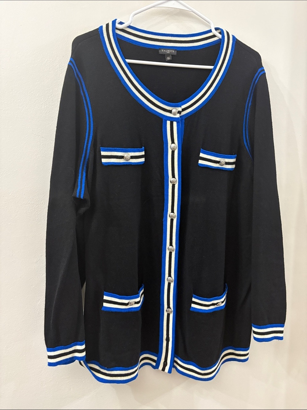 Talbots Black Cardigan with Royal Blue & White Trim - women’s size 2X